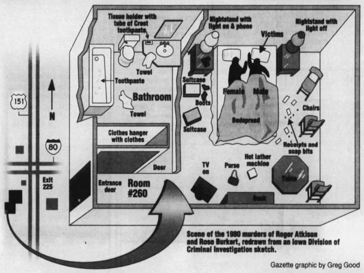 A sketch depicts the hotel room crime scene, with two bodies lying face-down in the bed.