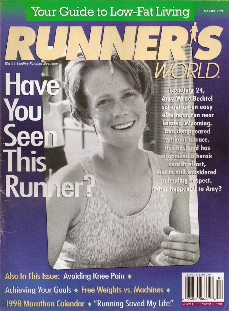 Cover of the January 1998 edition of Runner's World Magazine featuring a photo of Amy Wroe Bechtel, along with the question: "Have you seen this runner?"
