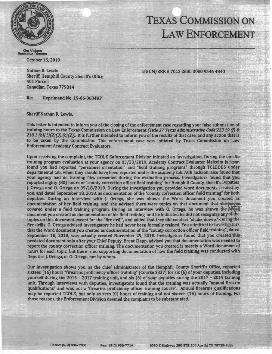 A formal letter of reprimand from the Texas Commission on Law Enforcement to Sheriff Nathan Lewis is pictured.